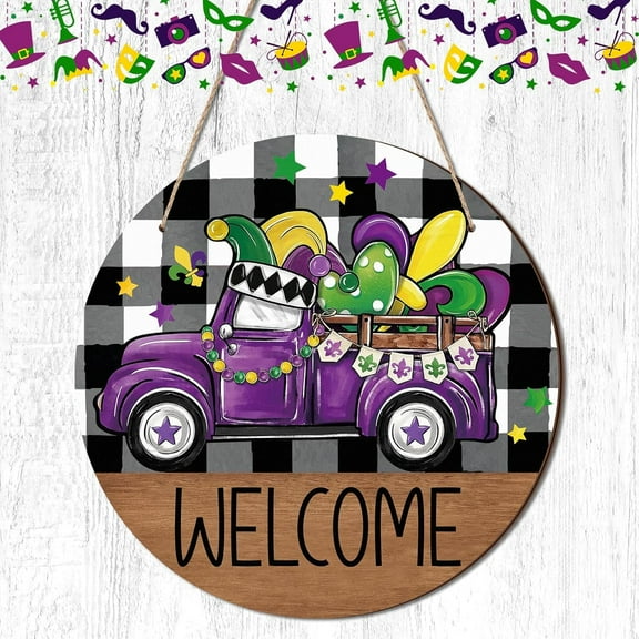 HELLOYOUNG  Mardi Gras Welcome Front Door mental Sign New Orleans Carnival Fleur De Lis Beads Purple Truck Sign Mardi Gras Wreath Wall Hanger for Farmhouse Porch Door Outdoor Indoor Decor