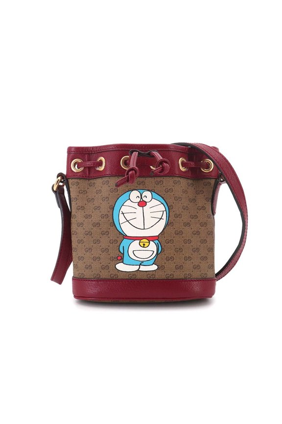 Pre-Owned Gucci Doraemon Mini GG Supreme Bucket Bag Shoulder Handbag Brown Red 647801