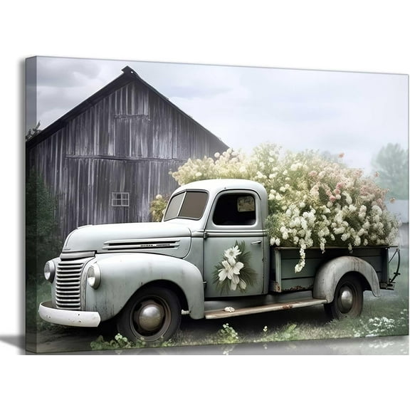 Rustic Truck Canvas Wall Art Vintage Farmhouse Sage Green Blush Petunia Painting Picture Wall Decor Country Landscape Poster Print Artwork for Farm Bedroom Office Living Room Home Decoration