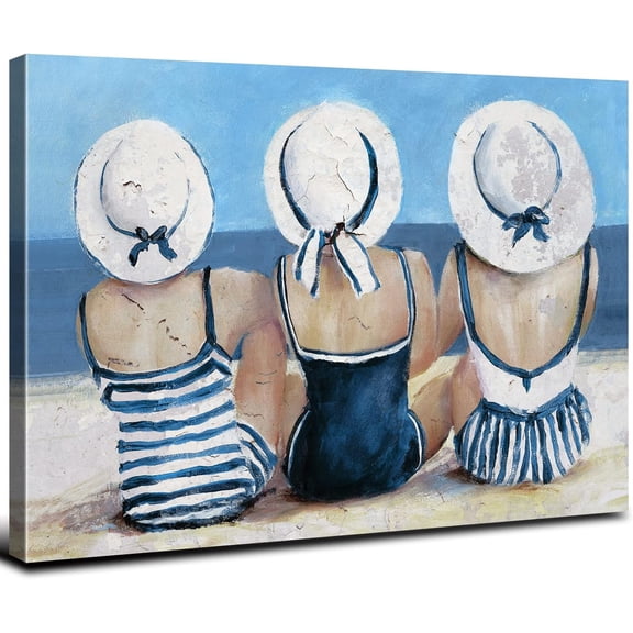 VELVET Coastal Beach Girls Wall Art Vintage Ocean Pictures Beach Wall Decor for Bathroom Navy Blue and White Swimsuit Canvas Paintings Girl Friends Sun Bathing Living Room Decoration 20x16inch Framed