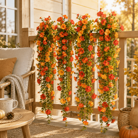 KIRIFLY Artificial Hanging Flowers UV-Resistant Realistic Trailing 4 PCS Morning Glory Fake Artificial Plants Imitation Flowers for Home Garden Yard Patio Wedding Outdoor Indoor Decor(Orange Yellow)