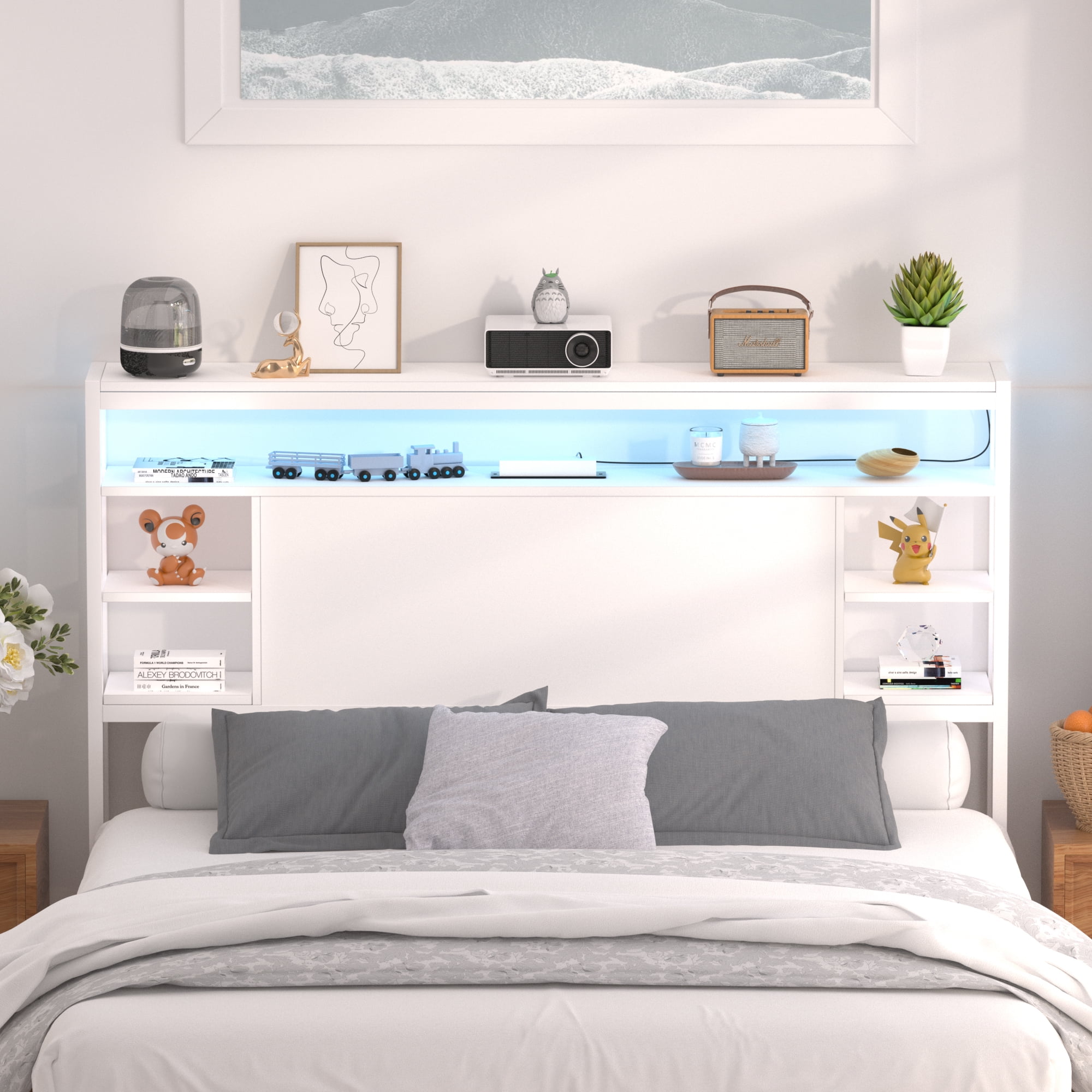 Aheaplus Full Size Headboard with Storage, Outlets & RGB LED Light - Sturdy & Stable Head Board for Bedroom, White - Perfect for Full Size Bed, Dorm Room, and Guest Room