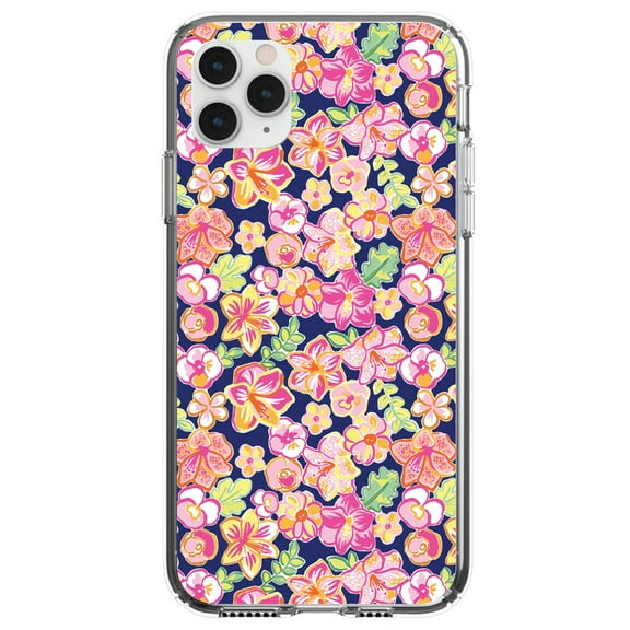DistinctInk Clear Shockproof Hybrid Case for iPhone 12 MINI (5.4" Screen) - TPU Bumper, Acrylic Back, Tempered Glass Screen Protector - Preppy Pattern - Pink Green Navy Flowers Floral