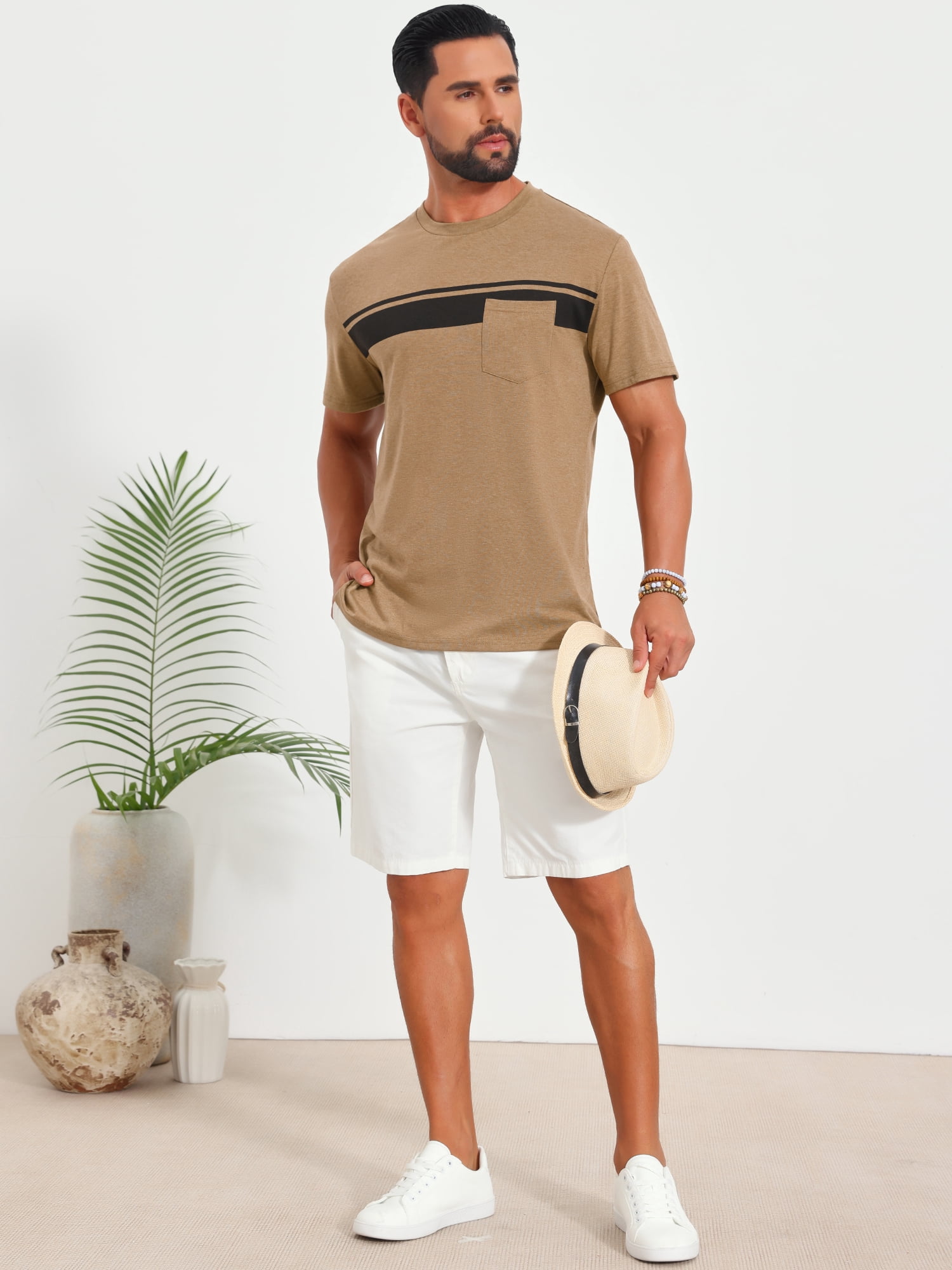 DARING DIVA Men's Chest Pocket Striped Print Crew Neck Short Sleeve T-Shirt XL Khaki