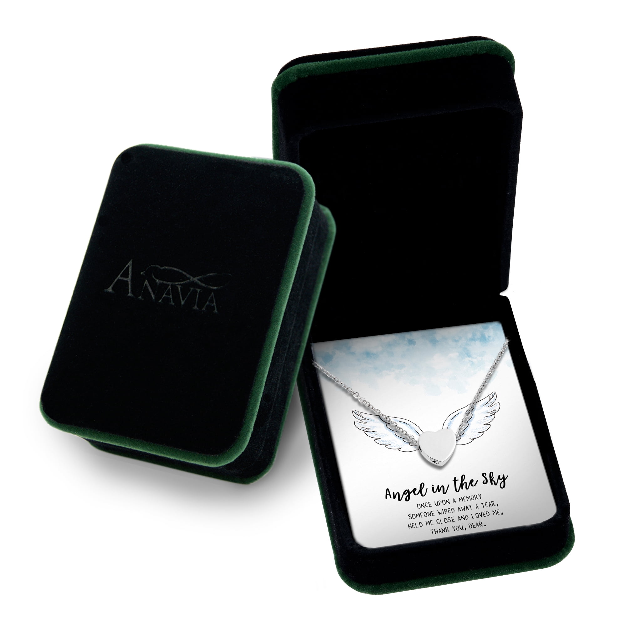 Anavia Mini Heart Cremation Jewelry Stainless Steel Keepsake Memorial Urn Necklace for Human with"Angel in the Sky" Comfort Card-[Silver]