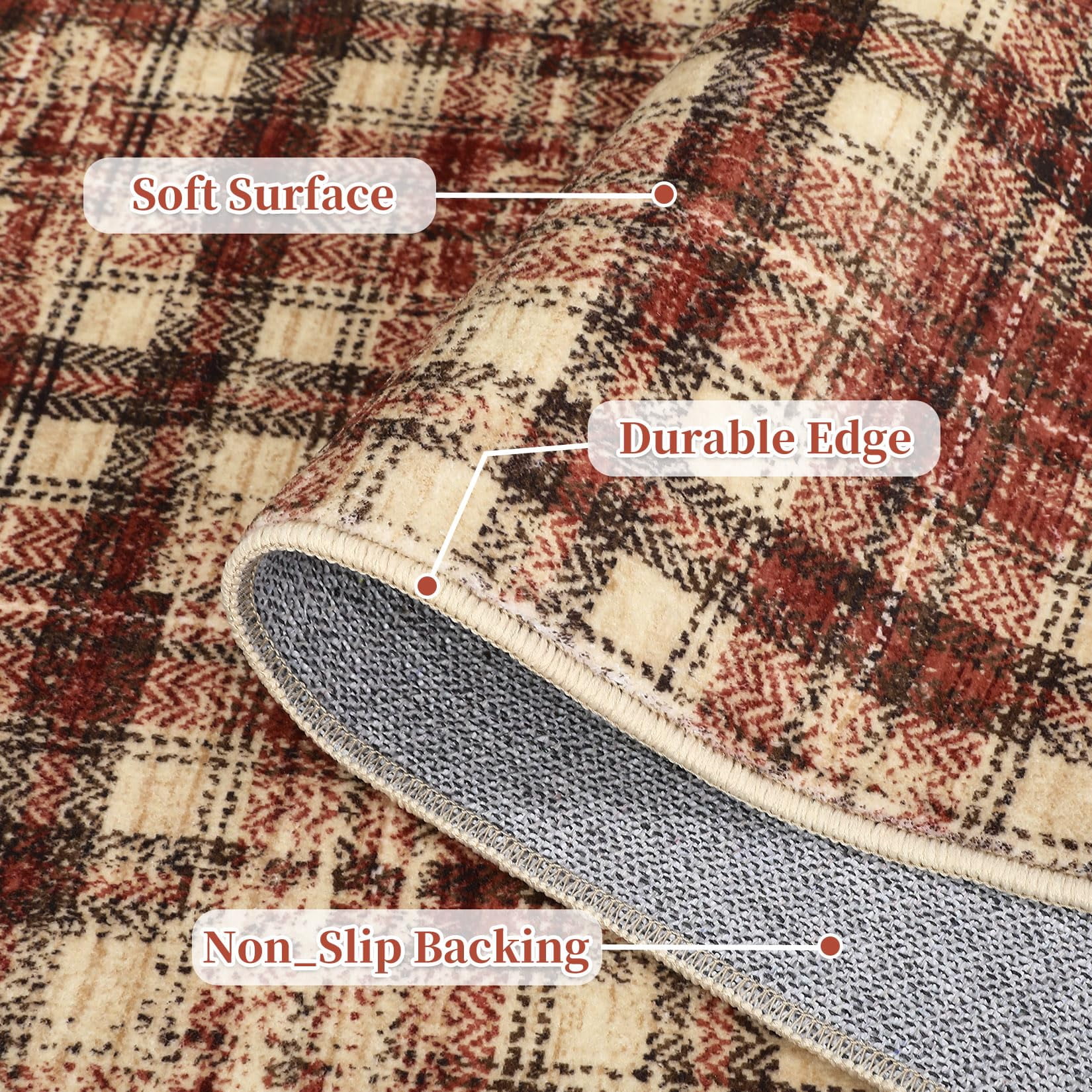 9'x12' Washable Tartan Plaid Area Rug, Non Slip Non Shedding Stain Resistant Soft Pearl Velvet Indoor Rug, Luxury Plaid Floor Mat for Living Room Bedroom Nursery Office, Red