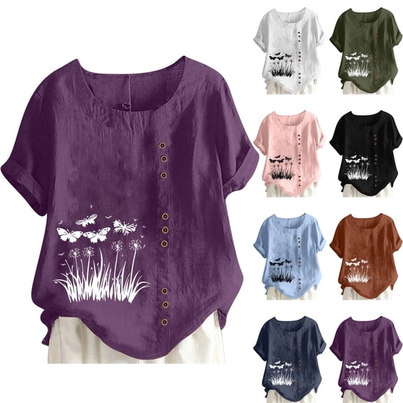 Olyvenn Women Floral Print Shirts Short Sleeve Tee Tops Loose Fit Blouses Tunics Trendy 2025 Button Down Shirt Clothing Army Green XXXL