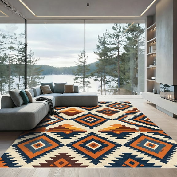 ODIKA 8' x 10' Machine Washable Non-Slip Area Rug, aztec geometric High Traffic Rug, Blue, 1298453