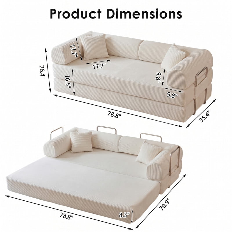 Anpport 78.8" Compression Boneless Sectional Sofa, Convertible Floor Sleeper Bed with Pillow Back Armrest, Corduroy Fabric, White, for Living Room Bedroom