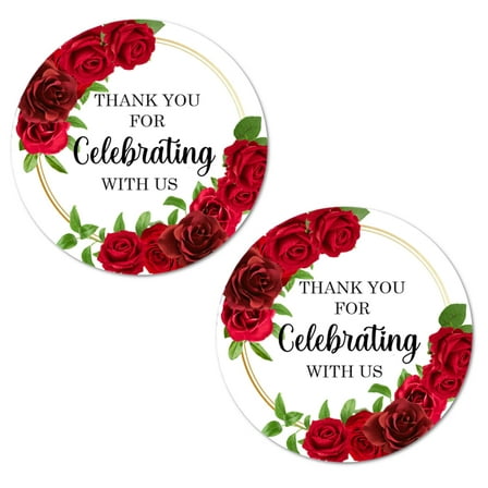 40 Red Roses Thank You For Celebrating With Us Stickers, 2 Inch Big Round Glossy Labels, Great For Weddings, Bridal Shower, Engagement Party, Party Favors Décor, Tags, Supplies. Made in USA.