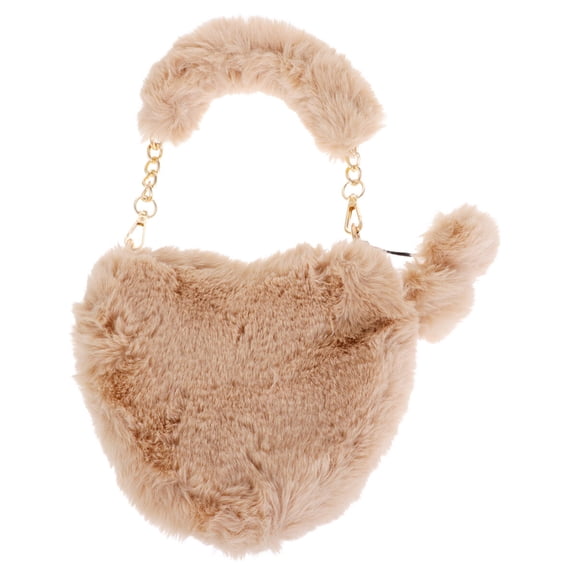 HOOWIFFY 1Pc Khaki Plush Heart Handbag Fluffy Bag Convenient for Storing Small Items and Mobile Phones