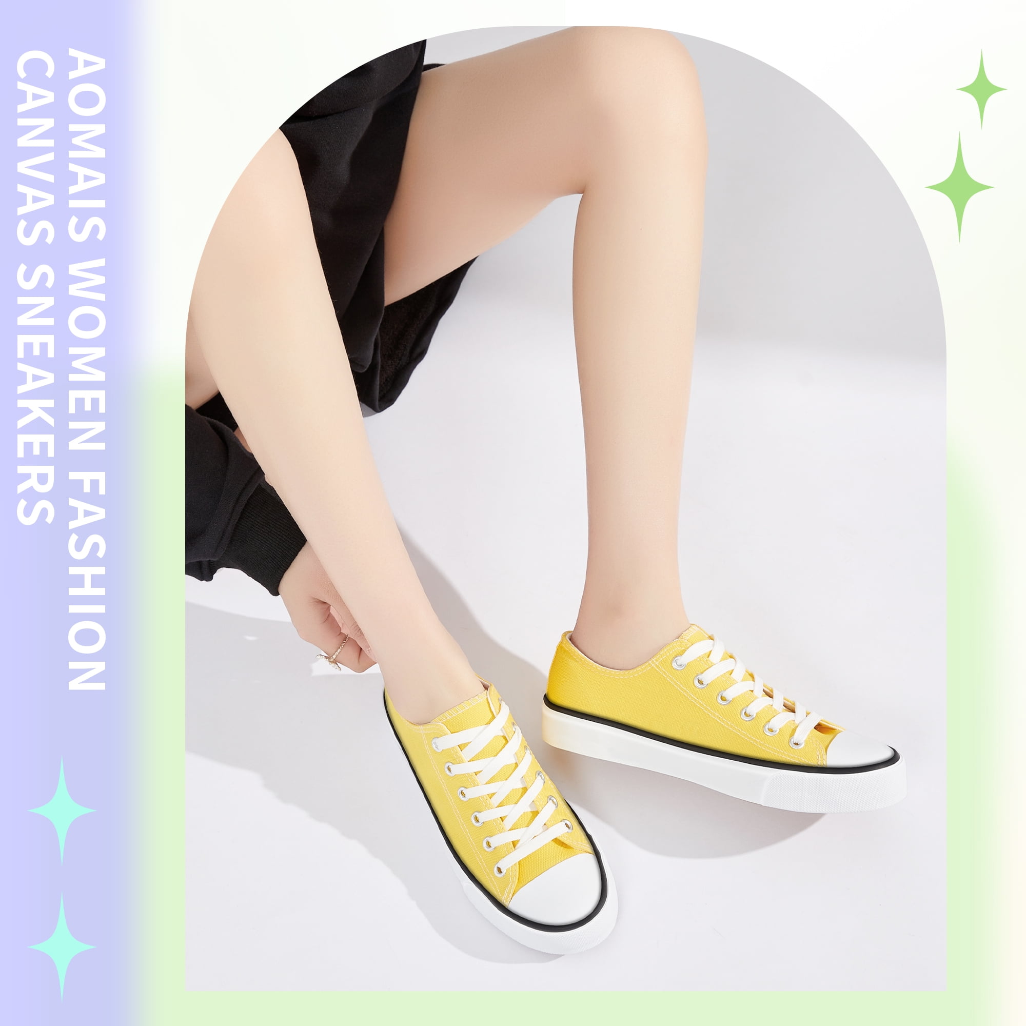 AOMAIS Womens Canvas Fashion Sneakers Classic Low Top Fabric Shoes Casual Walking Canvas Flats Cute Lace Up Tennis Shoes for Lady(Yellow US8)