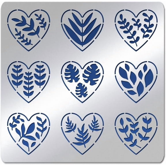 Heart Shape Metal Stencil 6x6inch Reusable Plant Pattern Drawing Stencils Templates for Painting Wood Burning Journaling 0.5mm Thick Silver