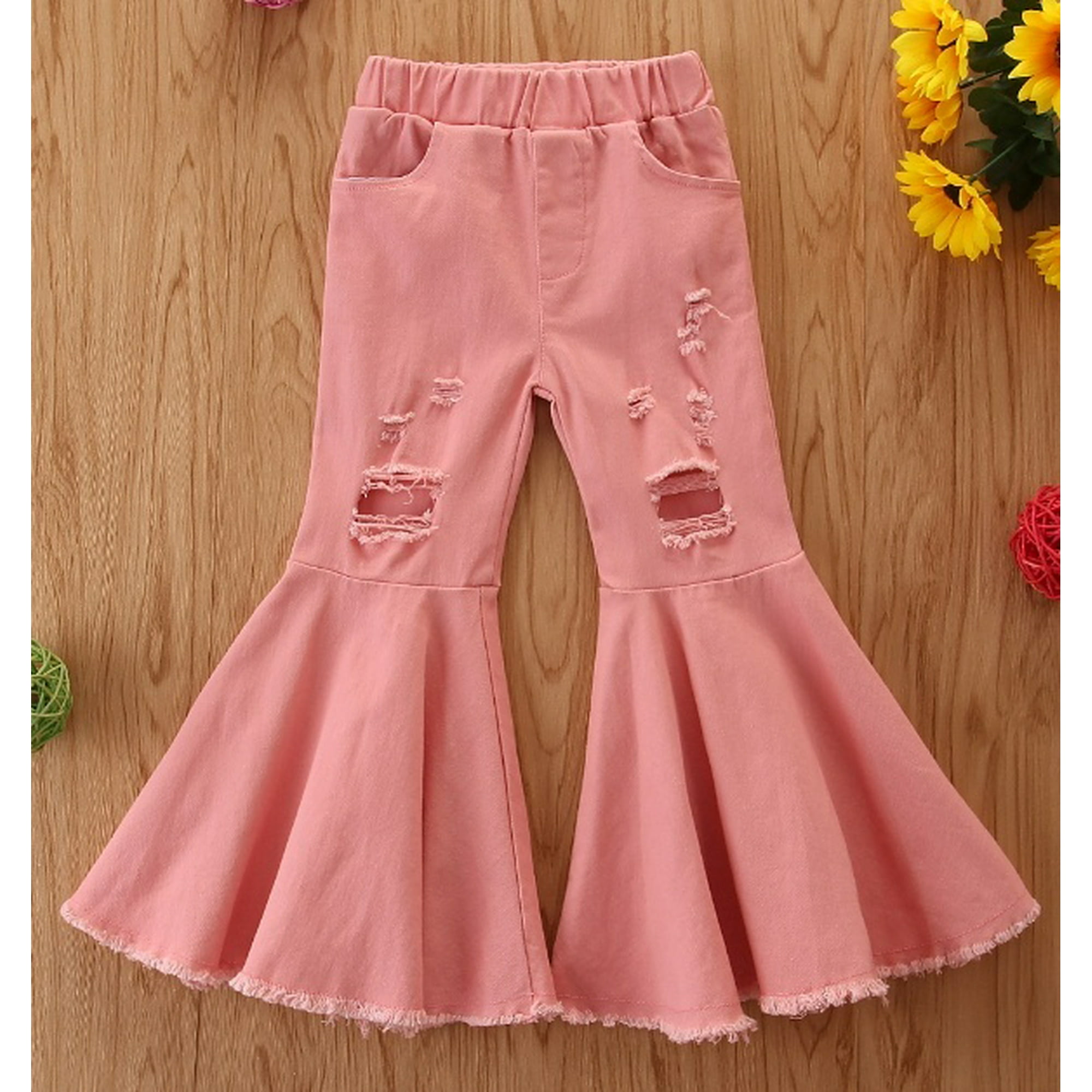 Baby Girl Flare Trousers Hole Design Elastic Waist With Pocket Denim Pants