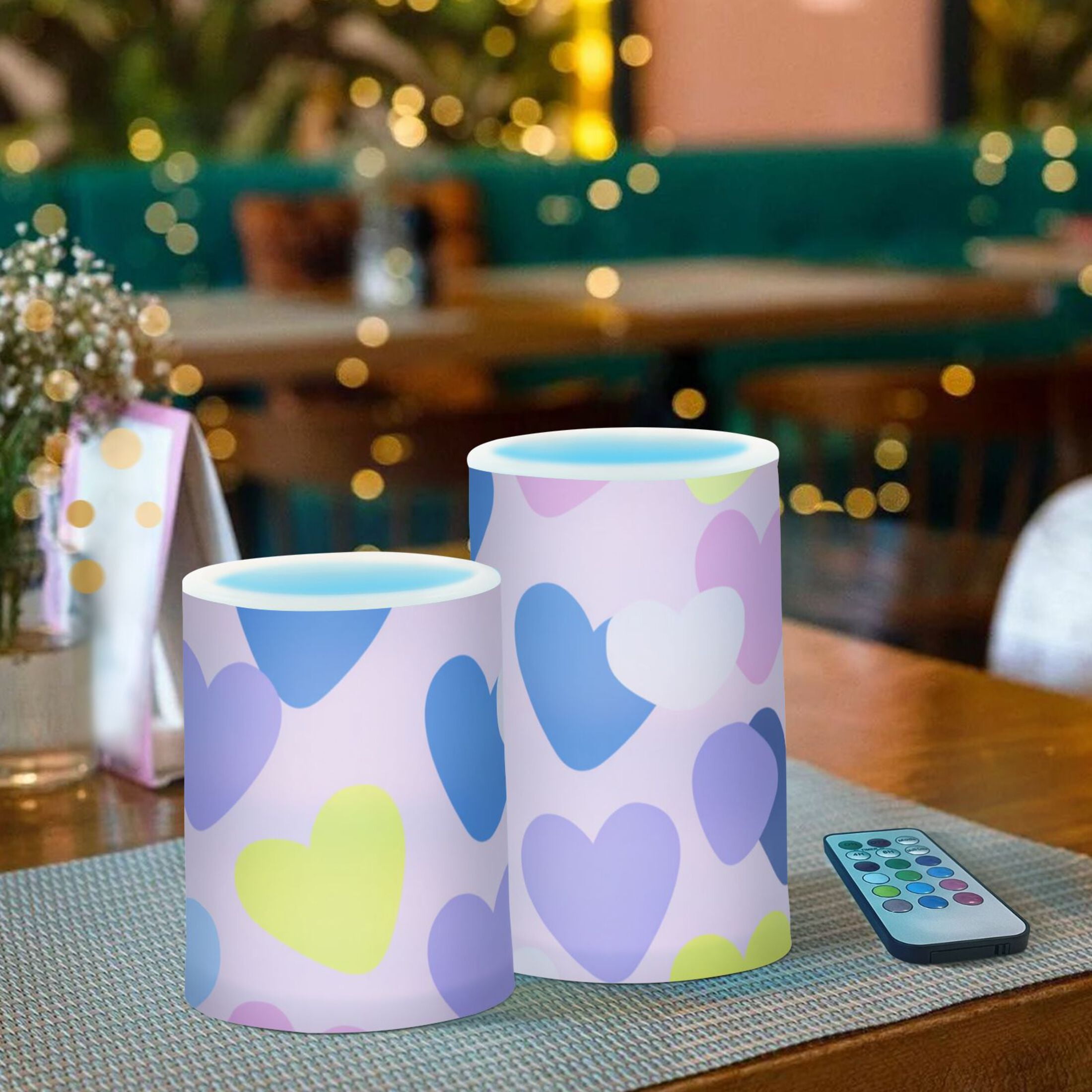 Valentine Illustration Purple Yellow Pink Blue Hearts Flickering Flameless Candles LED Tealight Battery Operated with Remote Set of 2 Holiday Decor Ornaments