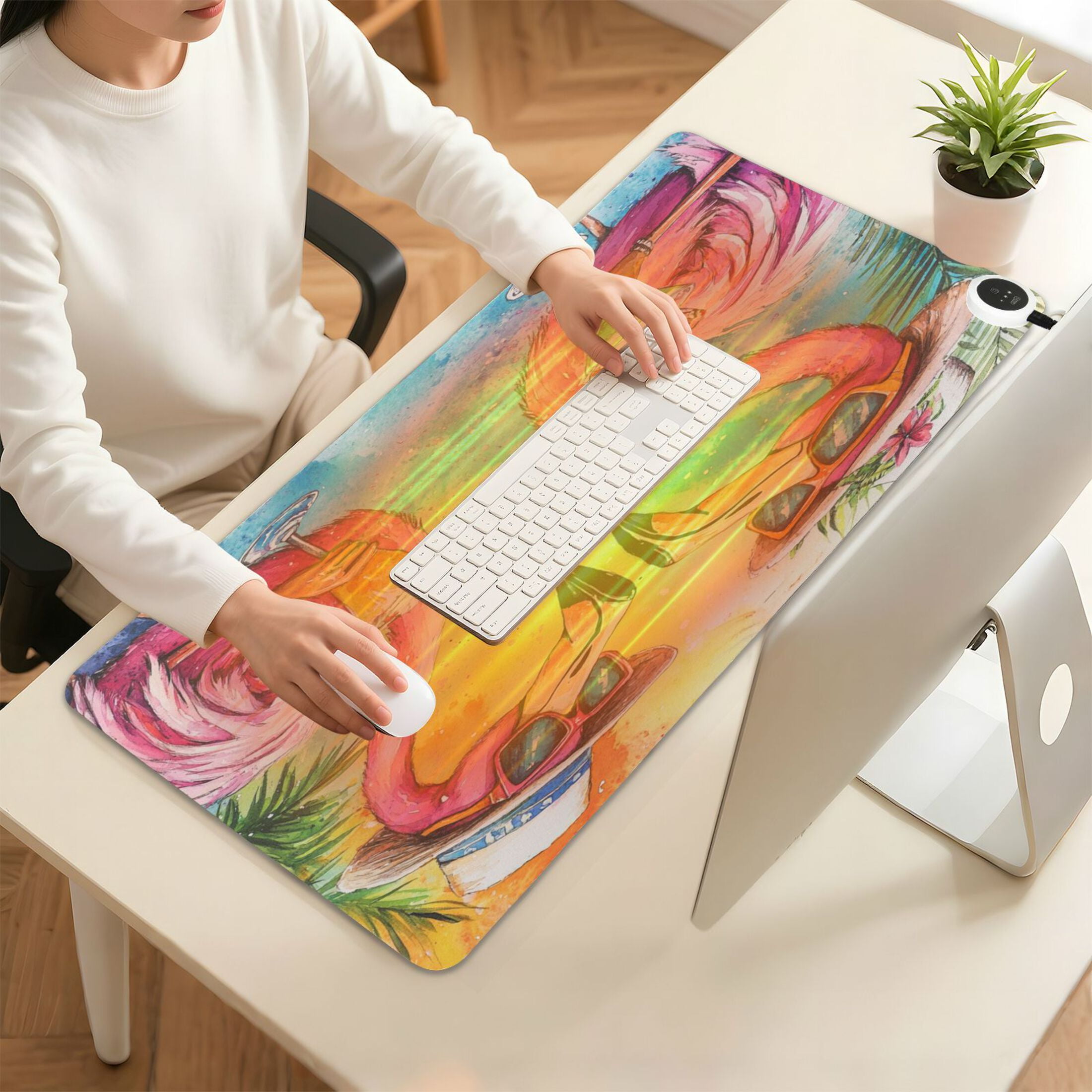 Wobogo Summer Flamingos Heated Mouse Pad Extra-Large Desk Mat With 3 Heating Levels and 3-hour Auto Shut-Off Protection Ideal for Computer Keyboards Home Office Hand-warming Essential 31.5in × 13in