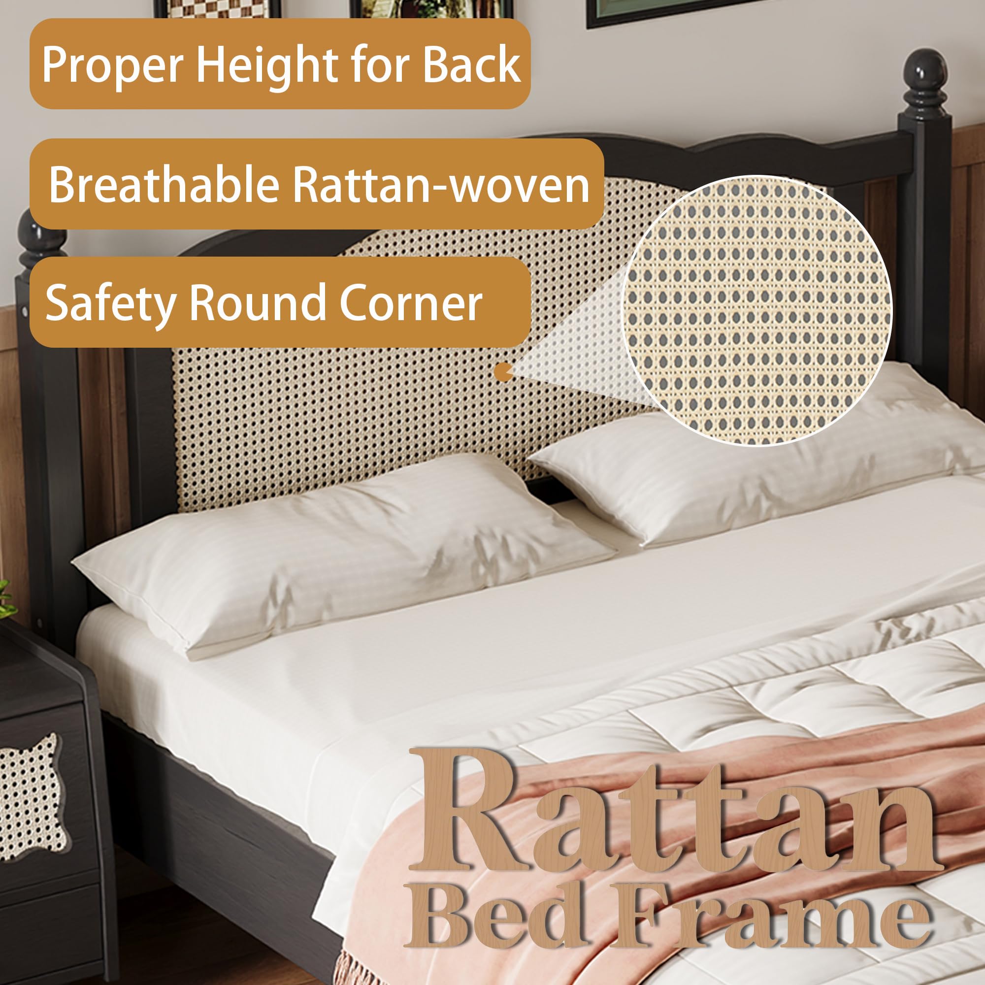 Aukfa Solid Wood Queen Size Bed Frame with Natural Rattan Headboard, Black