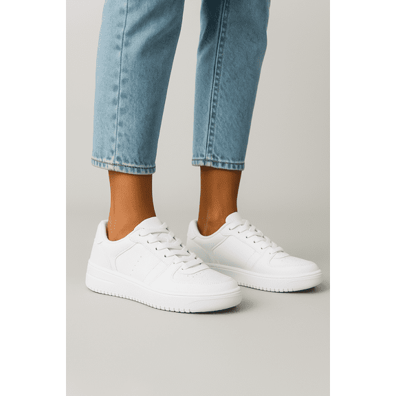 Women's Low-Top White Casual Sneakers with Memory Foam Insole – Lace-Up Faux Leather Shoes