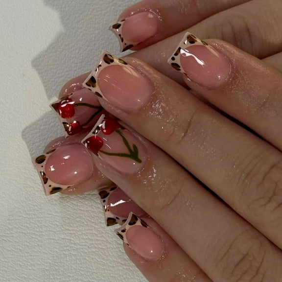 24 Pcs French Tip Leopards Print False Nails Fruit Acrylic Nails Simple Full Covers On Nails