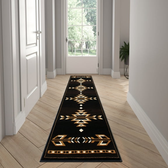 Emma   Oliver 2x7 Brown Olefin Accent Rug with Southwestern Geometric Arrow Design in Beige, Black and White and Natural Jute Backing