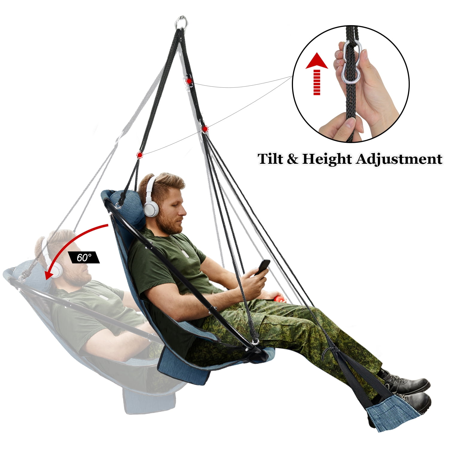 Bathonly Polyester Hammock Chair with Footrest, Max 330 lbs Capacity, Blue. G1-0018BU