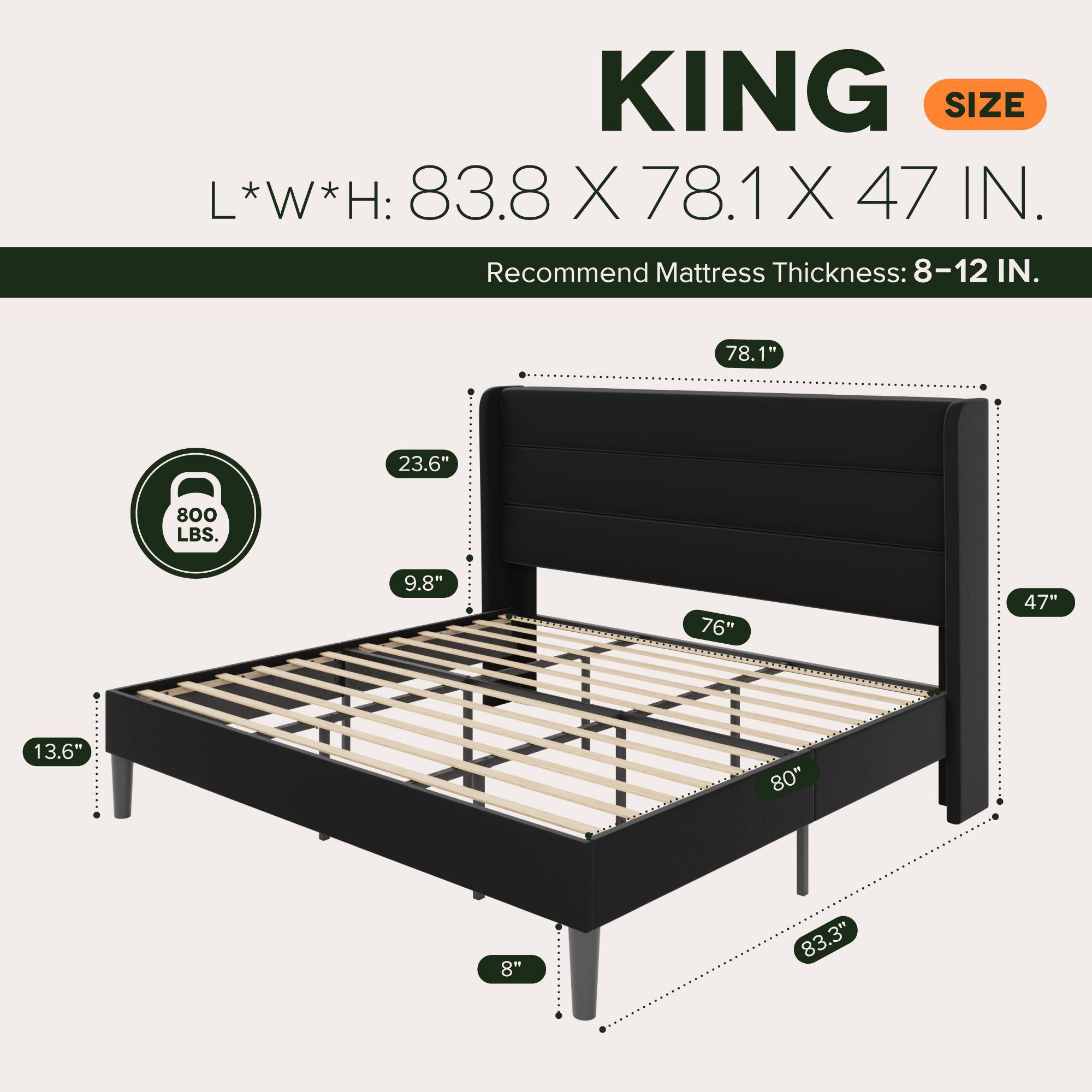 Einfach King Size Luxury Velvet Upholstered Platform Bed Frame with Wingback Headboard, Black