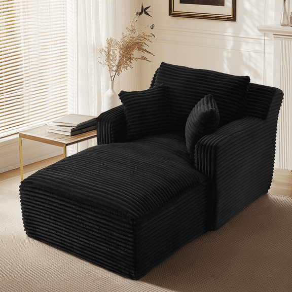 EHANCIS 65.4" Chaise Lounge Chair Indoor, Oversized Deep Seat Boneless Couch, Comfy Upholstered Sleeper Sofa Bed with 3 Pillows, Corduroy Cloud Reading Chairs for Living Room,Bedroom,Black