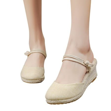 

Cathalem Sandals Heels for Women Beach Comfortable Sandals Color Women Summer Weave Breathable Shoes Solid Toe Round Wedges Sandal Beige 8.5