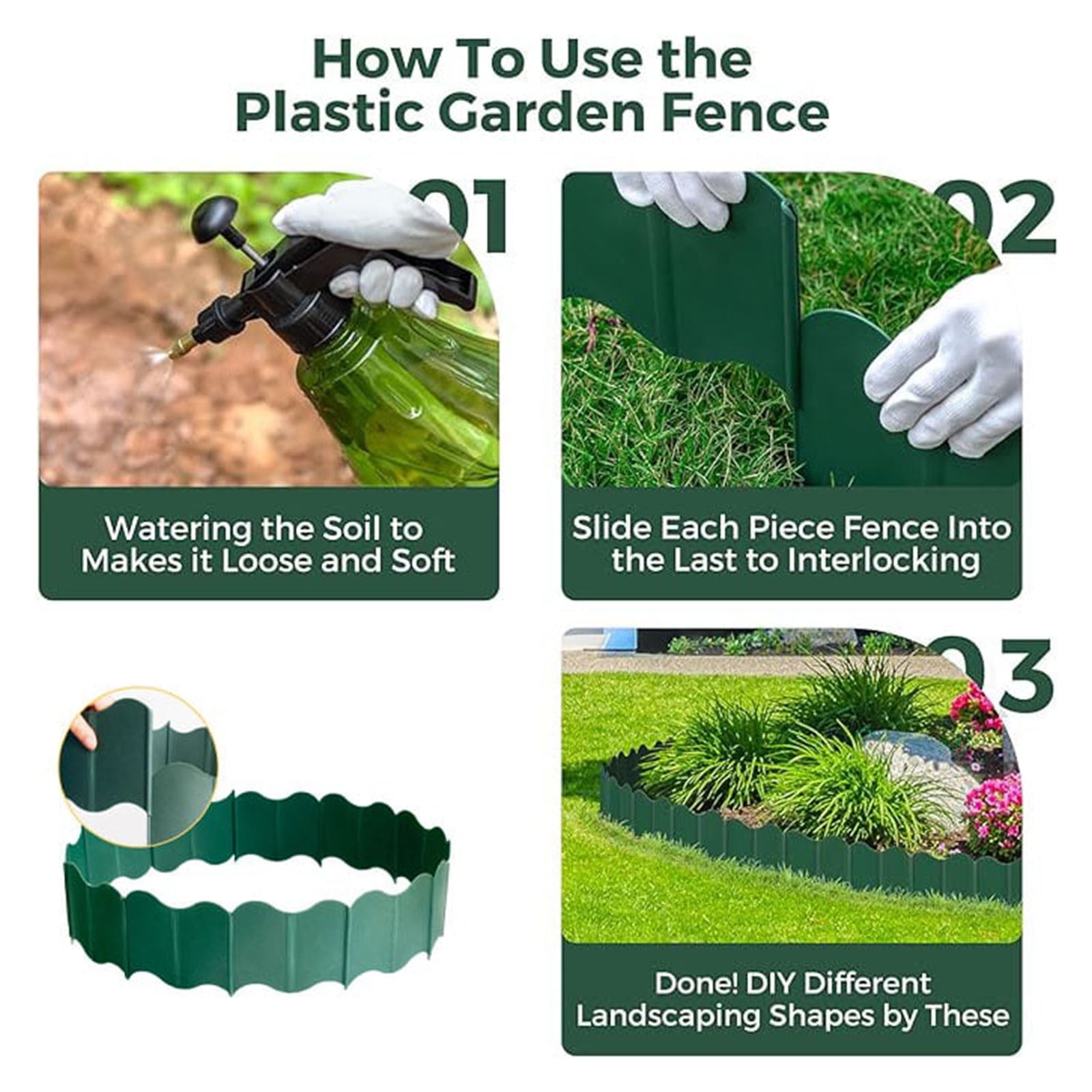 green Plastic Garden Fence Edging Diy Lawn Border Outdoor Yard Landscape Barrier 20Pc Set Easy Interlock Installation Weather Resistant Flexible Design For Flower Beds