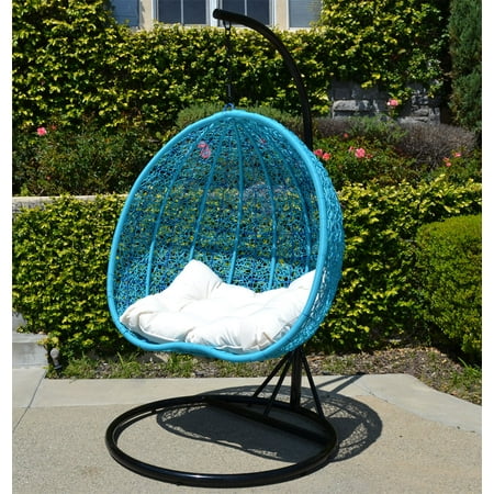 Black Turquoise Egg Shape Wicker Rattan Swing Chair Hanging Hammock 2 Person 418 Lbs Cap