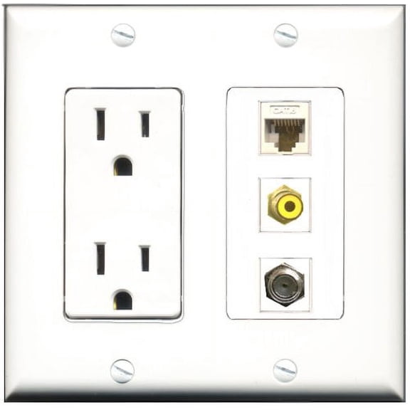 RiteAV - 15 Amp Power Outlet 1 Port RCA Yellow 1 Port Coax 1 Port Cat6 Ethernet Ethernet White Decorative Wall Plate