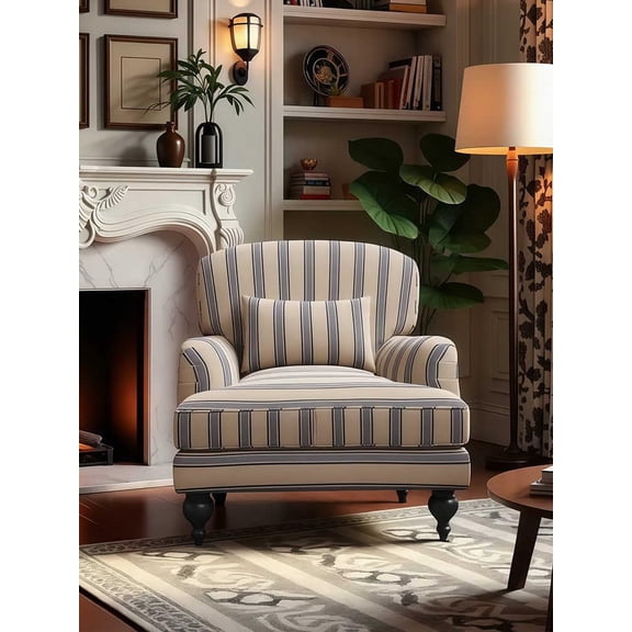 interoknack Vintage Blue-White Striped Armchair – Designer Retro Single Sofa for Living Room, Bedroom, Balcony, and Study