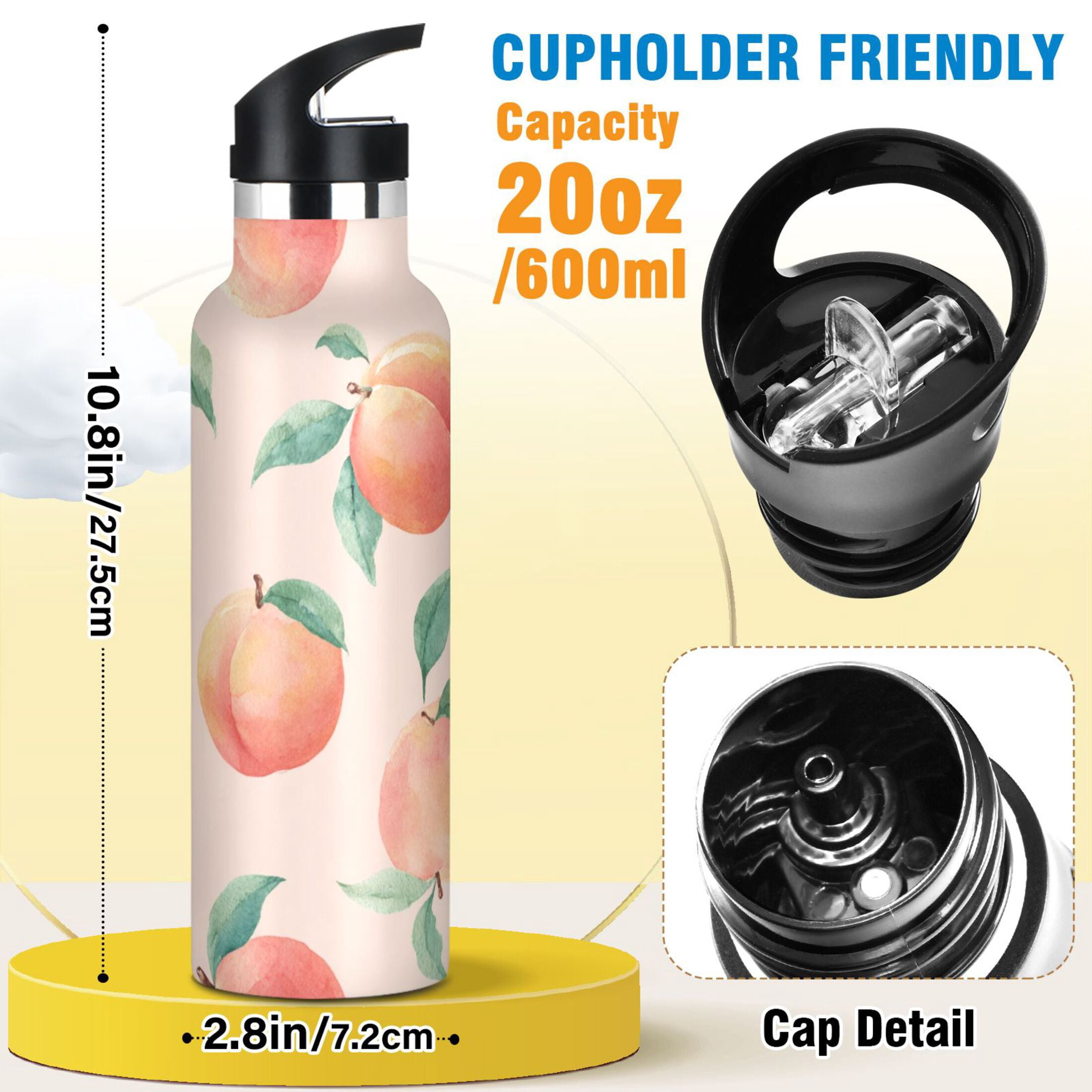 Kids Insulated Stainless Steel Sports Water Bottle 600ml Pale Pink Peach's Pattern