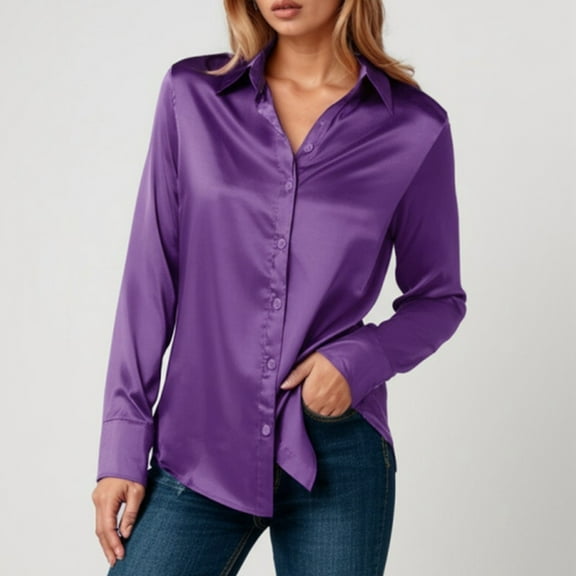 Oversized Button Down Shirts for Womens Casual Collar Regular Fit Solid Color Long Sleeve Shirt Comfortable Lightweight Work Office Tops Purple L