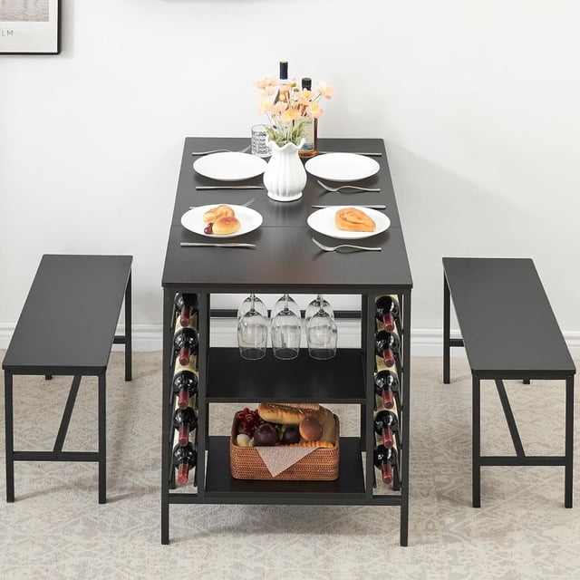 Dining Table Set for 4 with 2 Benches, Rectangular Table with Wine Rack & Storage Shelf