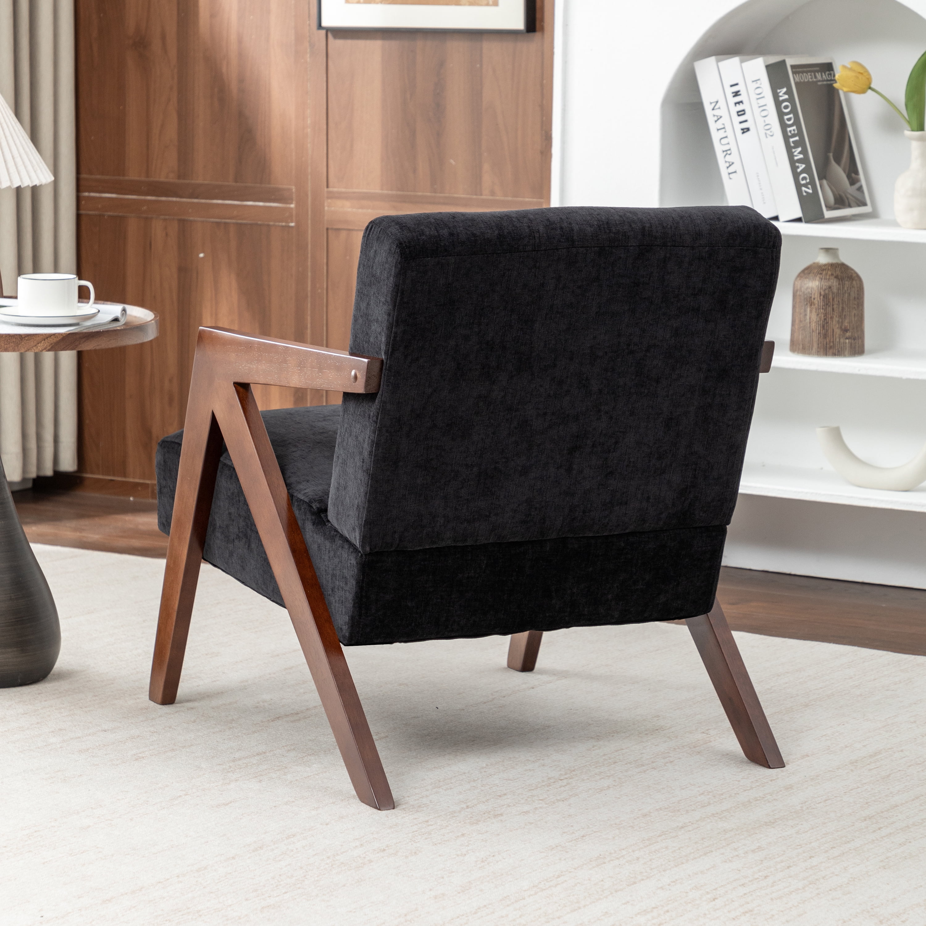 Leumius Mid Century Modern Accent Chair,Upholstered Reading Armchair with Solid Wood Frame,Accent Chair for Living Room Bedroom Apartment, Easy Assembly,Black
