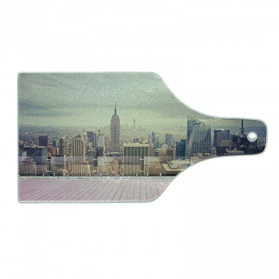 Modern Cutting Board, New York City Usa Landscape from Roof Apartment Balcony Photograph Image, Tempered Glass Cutting and Serving Board, Wine Bottle Shape, Grey White and Pink, by Ambesonne