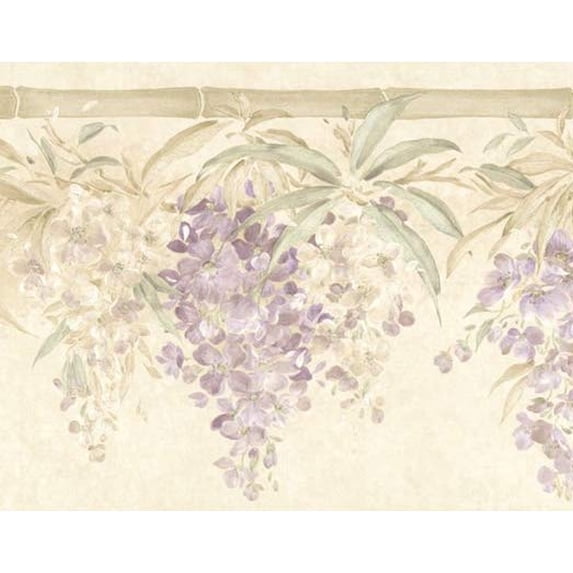 Dundee Deco Prepasted Wallpaper Border - Floral Green Beige Purple Flowers on Bamboo Rod, 15 ft x 10.25 in