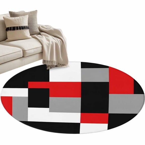 Red Black Grey Geometric Round Rug 3.3ft Area Rug Washable Soft Non-Slip 3.3' Circle Low Pile Rugs Modern Abstract Art Luxury Carpet for Bedroom Living Room Entryway Home Office Dining Room