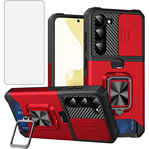 Phone Case for Samsung Galaxy S23 Plus S23  5G with Slide Camera Cover and Tempered Glass Screen Protector Card Holder Ring Hybrid Cell S23plus 23S   S 23 23  SM-S916U 6.6 inch Women Men Red