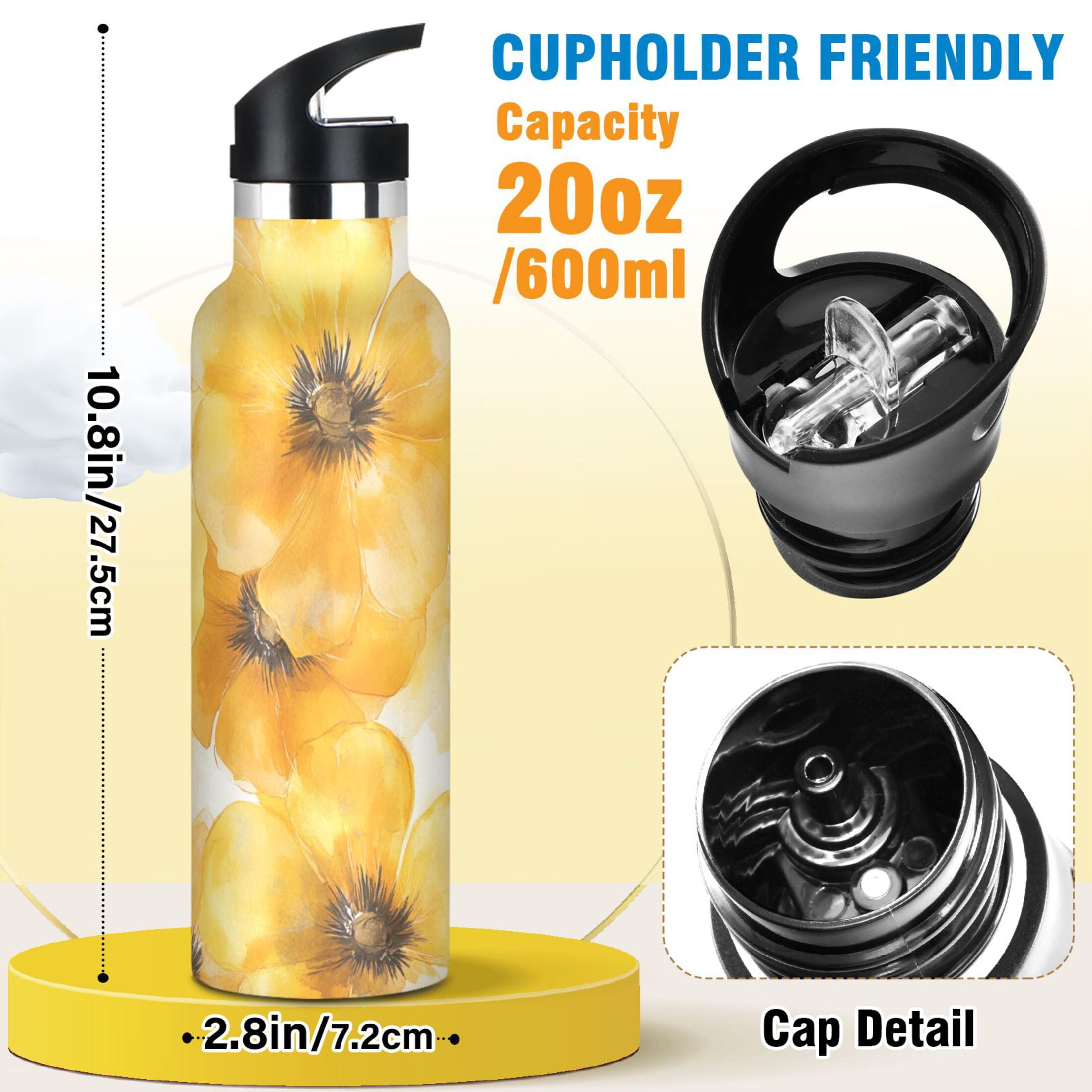 600ML Stainless Steel Insulated Cup Sports Water Bottle Portable Thermos Cup Water Glasses Insulated Tumblers Convenient and Durable Cartoon Yellow Flowers Seamless