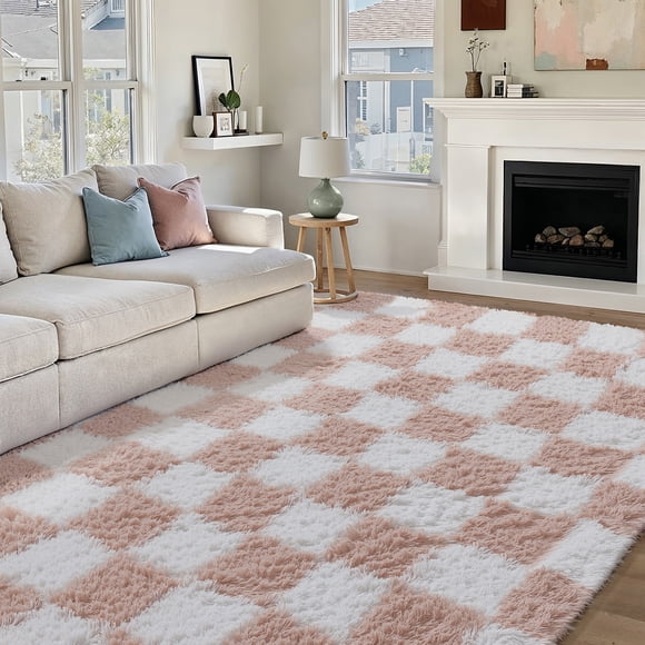 BERTHMEER Tapis Shag 8'x10 Pieds pour Salon Chambre Tapis Moelleux Rose Blanc Doux à Carreaux Peluche Contemporain Géométrique Moderne Tapis d'Intérieur Carpettes