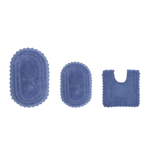 Better Trends 3 Piece Lilly Crochet Oval Rug Bath Mat Toilet Rugs U Shaped Set 100% Cotton, Soft Reversible Water Absorbent Washable Bath Rug for Bathroom Floor Decor, Contour Blue