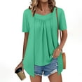 thumbnail image 3 of JTZGDY Summer Tunic Tops for Women to Hide Belly Fake Two Piece Short Sleeve Casual Solid Color V Neck Ruched Pleated T-Shirts Loose Flowy Layered Blouse for Leggings Green XL, 3 of 9