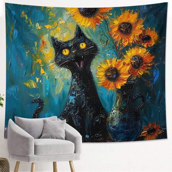 Generic Sunflower Tapestry Oil Painting Funny Cat Cute Floral Pot Artwork Aesthetic Blue Yellow Polyester Backdrop Decorative Ceiling Headboard Bedroom Couch Club Tapestry One Piece 60x40 Inch
