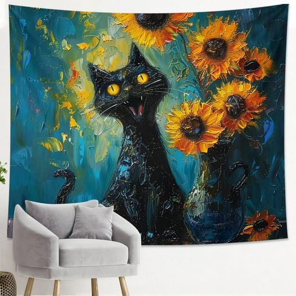 Generic Sunflower Tapestry Oil Painting Funny Cat Cute Floral Pot Artwork Aesthetic Blue Yellow Polyester Backdrop Decorative Ceiling Headboard Bedroom Couch Club Tapestry One Piece 60x40 Inch