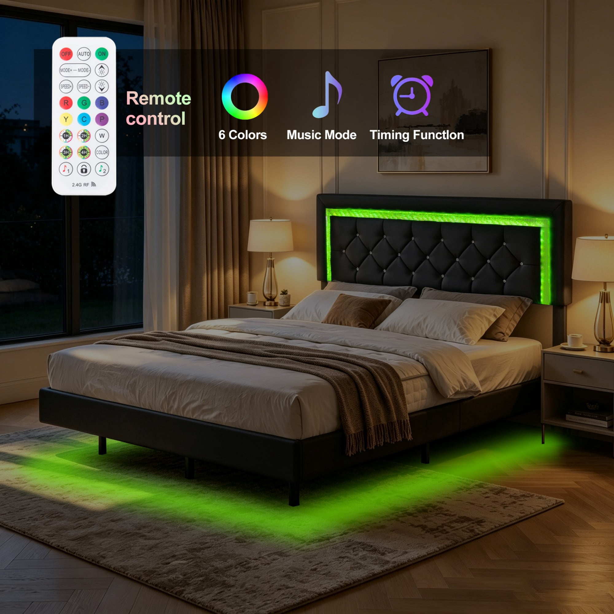 BSHTI Queen PU Platform Bed Frame with Upholstered Headboard, Colorful LED Lights, Wood Slat Support, No Box Spring Needed for Bedroom（Black）