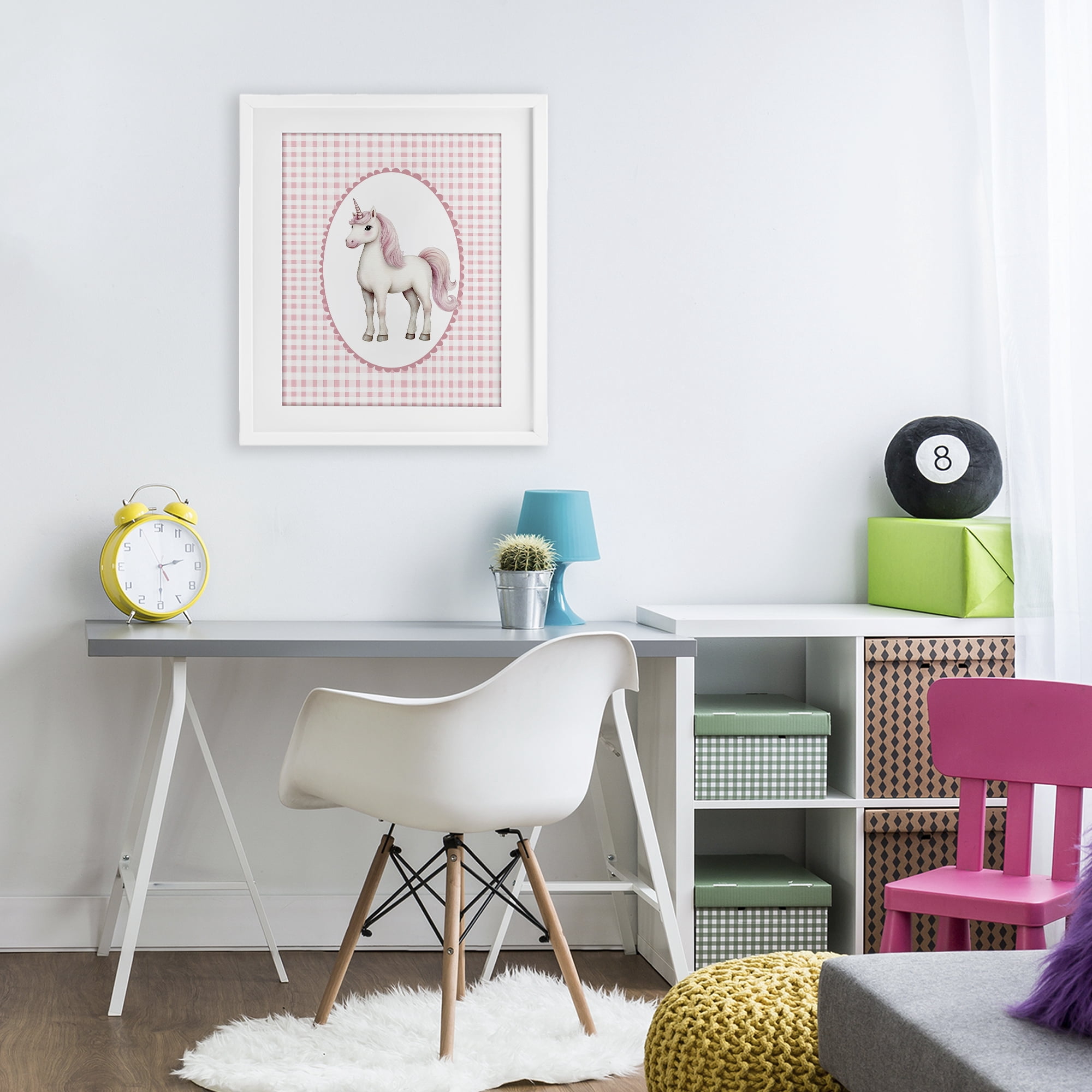 Stupell Industries Pink Gingham Unicorn White Framed Print Under Glass, design by Christine Simpson Art