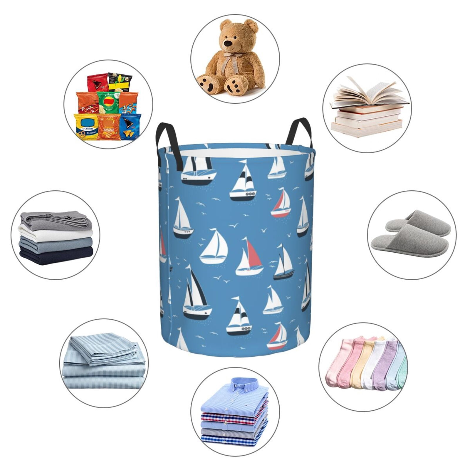 Large Laundry Basket with Handles - cartoon boats birds blue Kids Baby Dirty Clothes Laundry Hamper for Bedroom Aesthetic