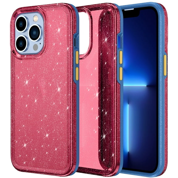 iPhone 13 Pro Case, Cute Shiny Bling Glitter Phone Cover Heavy Duty Hard PC Soft TPU Bumper Full Body Shockproof Protective  Women Girls Case for Apple iPhone 13 Pro 6. inch 2021,Red + Blue